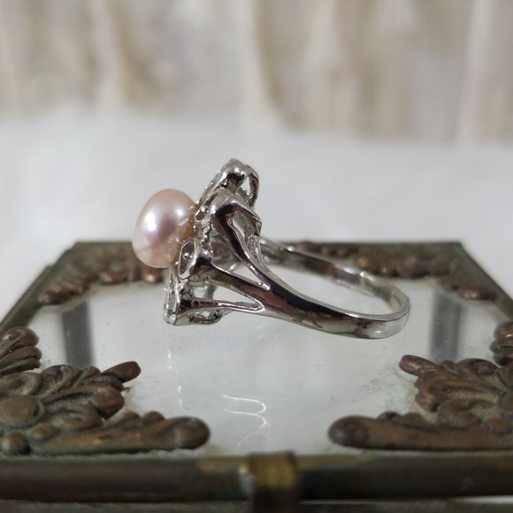 nwot 9mm Peach Saltwater Pearl Flower Silver Ring - Picture 3 of 5